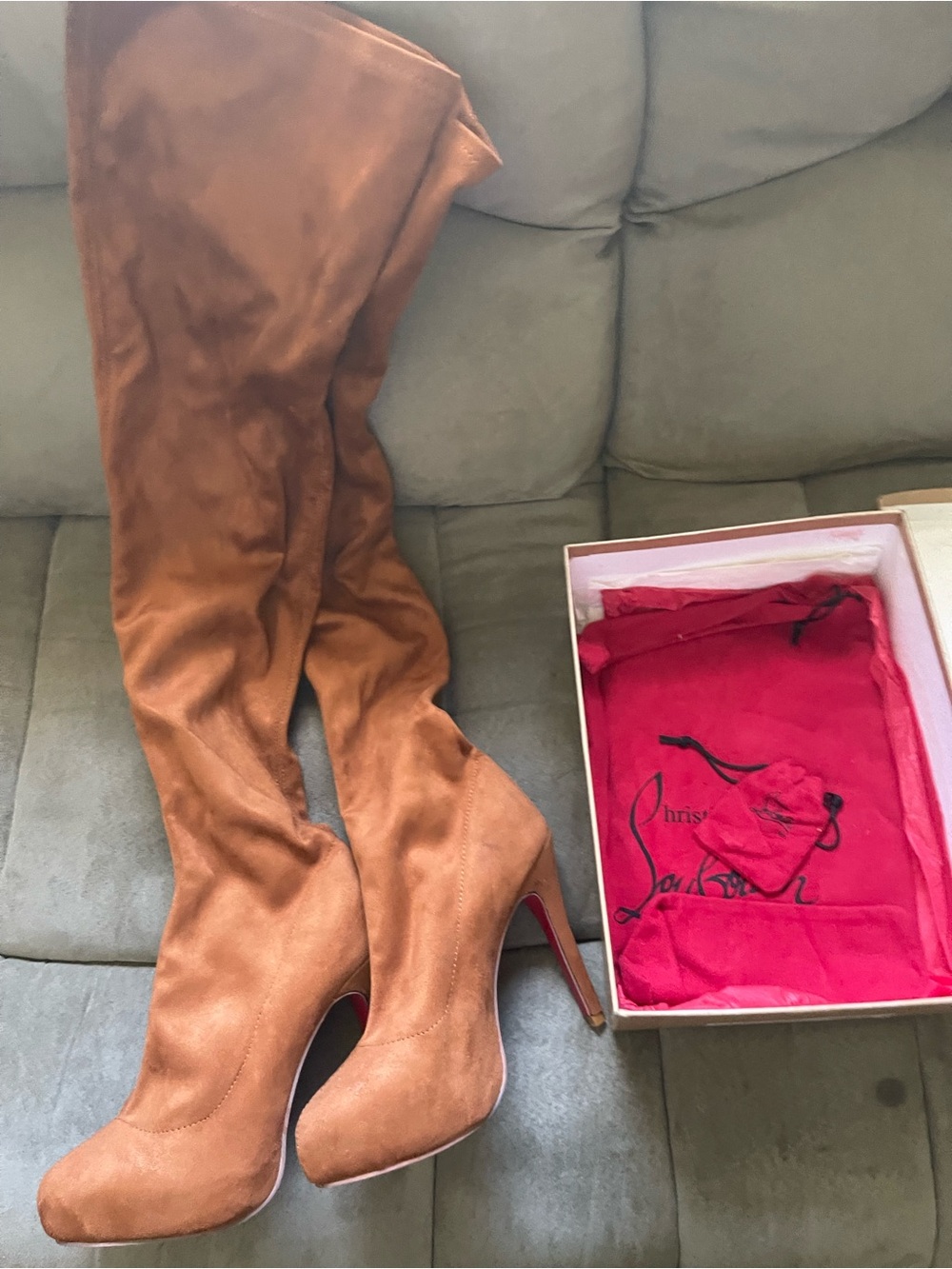 Christian Louboutin Over-the-Knee Suede Boots in Chestnut Brown with Red Soles